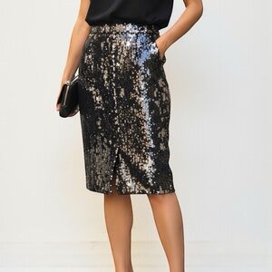 Zara Black Silver Sequin Midi Pencil Skirt Party Cocktail NWT